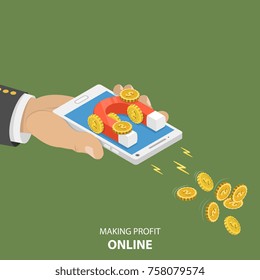 Making money online flat isometric vector concept. Hand is holding a smartphone with magnet on it that is attractioning coins with dollar sign.