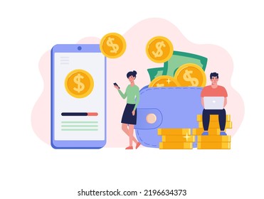 Making money online. The girl is working with a smartphone, and the man is working on a laptop, sitting on a pile of money. Coins from the phone screen flow into the wallet. Vector illustration flat