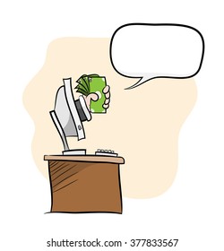 Making Money Online, a hand drawn vector of a hand giving out money from the computer, isolated on a simple background (main object,text box and background are on their own groups for easy editing).