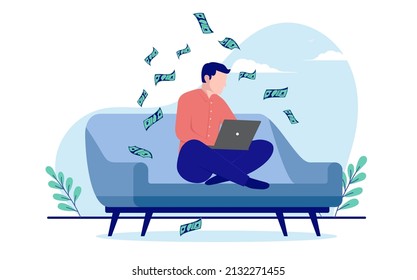 Making money online from home - Man sitting with computer in couch making income. Flat design vector illustration with white background