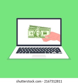 Making money online. Laptop with hand holding money on screen. Vector illustration.