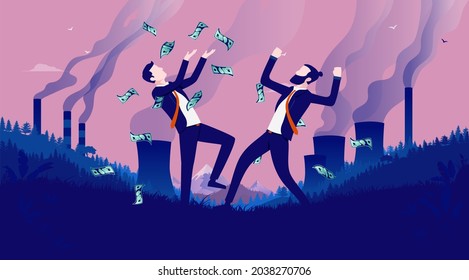 Making money from pollution - Corporate greedy businessmen celebrating earnings in polluted landscape. Corporate greed and evilness concept. Vector illustration