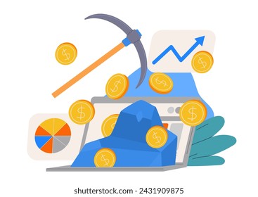 Concepto de proceso de ganar dinero. Alfabetización financiera e ingresos pasivos. Ganancias en internet. Comercio e inversión, economía. Ilustración plana del vector de la historieta aislada sobre fondo blanco