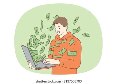 Making money and profit online concept. Young smiling man standing and looking at money cash flying from laptop screen vector illustration 