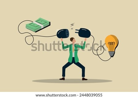 Making money, turning ideas into money, ways to increase income, growth of income and profit, entrepreneur man connecting ideas to money