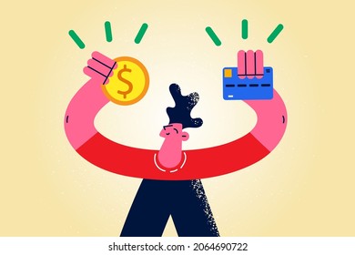 Haciendo dinero y concepto de riqueza. Personaje de caricatura de un joven sonriente sosteniendo una tarjeta de crédito y una moneda dorada en la ilustración de un vector de manos levantadas 