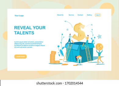 Making Money to Work Motivation Flat Design Landing Page. Franchising, Fund Investment, Earnings Saving, Passive Income. Reveal Talents Inspiration Quote. People Put Coin in Box. Vector Illustration