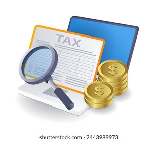 Making a monthly income tax report concept, flat isometric 3d illustration