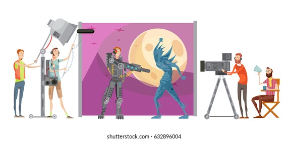 Making Movie Composition With Actors In Costumes On Outer Space Background Director With Technical Staff Vector Illustration