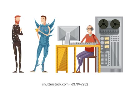 Making movie sound recording set with engineer with audio equipment and actors in costumes isolated vector illustration