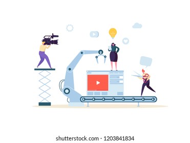 Making Movie, Video Production Concept. Television Operator with Camcorder. Videography, Characters Shooting Film, Motion Picture Camera. Vector illustration