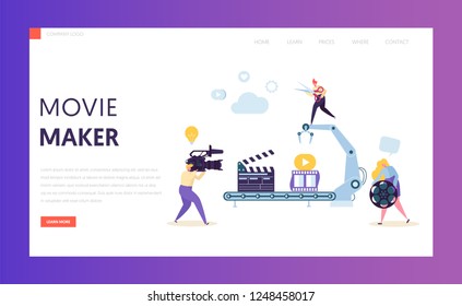 Making Movie, Video Production landing page template. Characters Shooting Film, Motion Picture Camera for website or web page. Vector illustration