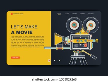 Making Movie, Video Production landing page template. Characters Shooting Film, Motion Picture Camera for website or web page. Vector illustration - Vector