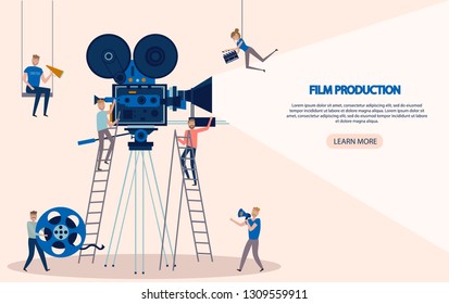 Making movie, video production landing page template with tiny people in the process of shooting a movie. Editable vector illustration