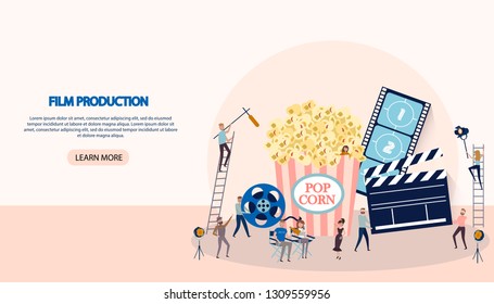 Making movie, video production landing page template with tiny people in the process of shooting a movie. Editable vector illustration