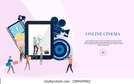 Making movie, video production landing page template with tiny people in the process of shooting a movie. Editable vector illustration