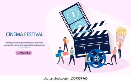 Making movie, video production landing page template with tiny people in the process of shooting a movie. Editable vector illustration