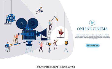 Making movie, video production landing page template with tiny people in the process of shooting a movie. Editable vector illustration