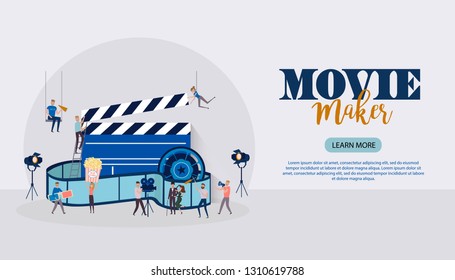 Making movie, video production landing page template with tiny people in the process of shooting a movie. Editable vector illustration