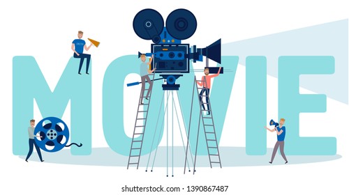 Making movie, video production landing page template with huge inscription, tiny people in the process of shooting a movie. Editable vector illustration