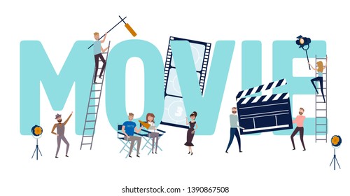 Making movie, video production landing page template with huge inscription, tiny people in the process of shooting a movie. Editable vector illustration