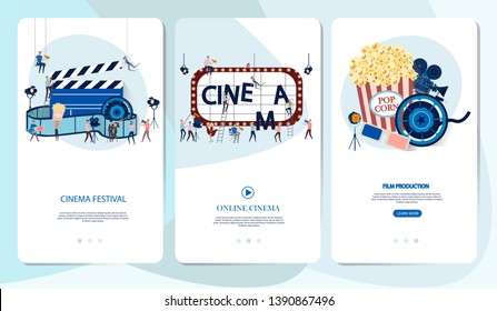 Making movie, video production Mobile App Page with tiny people in the process of shooting a movie. Editable vector illustration