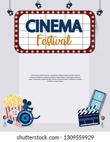 Making movie, video production poster template with small people in the process of shooting a movie. Editable vector illustration