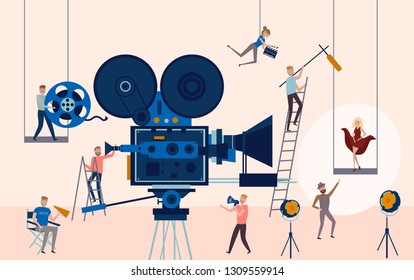 Making movie, video production template with small people in the process of shooting a movie. Editable vector illustration