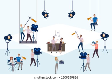 Making movie, video production template with small people in the process of shooting a movie. Editable vector illustration