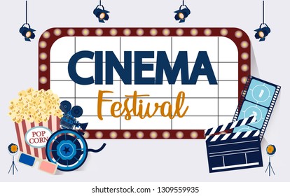 Making movie, video production template with small people in the process of shooting a movie. Editable vector illustration