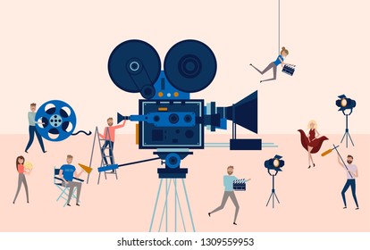 Making movie, video production template with small people in the process of shooting a movie. Editable vector illustration