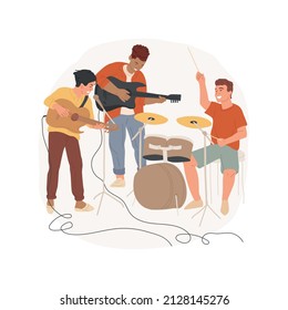 Making music in garage isolated cartoon vector illustration. Crazy teenage rock band make music in garage, excited boys playing guitar together, sound recording session vector cartoon.