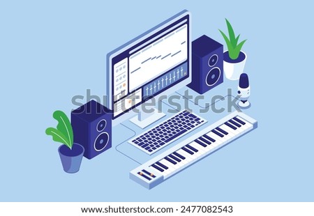 Making music on computer - Desktop PC screen with music production software on screen, keyboard and speakers. Audio home production concept in flat design isometric view vector illustration