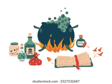 Einen mystischen Trank aus magischen Zutaten in einem Kessel zu machen. Eine Wanne auf einem Feuer mit kochendem Gift, Flaschen und Flaschen, Pilze, ein Buch mit Zaubersprüchen. Isolierte Vektorgrafik