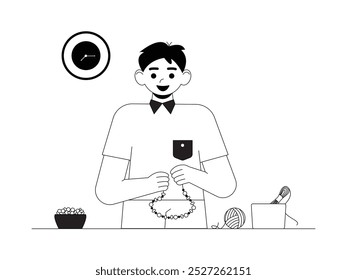 Making necklace accessories from beads of various shapes, vector illustration of crafts.
