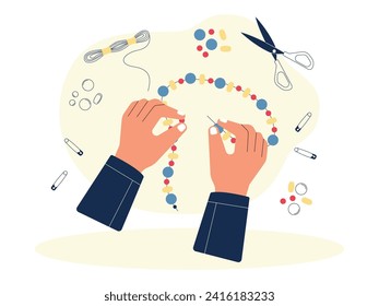 Making a necklace with colorful threads and beads, craft vector illustration.