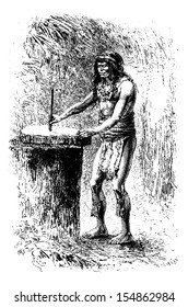 Making a Necklace in Oiapoque, Brazil, drawing by Riou from a sketch by Dr. Crevaux, vintage engraved illustration. Le Tour du Monde, Travel Journal, 1880