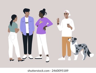 making new friends, Casual Encounter Among New Acquaintances and a Friendly Pup, Four individuals engaging in conversation with a playful dog beside them