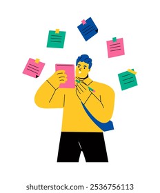 Making notes. Business man with a notebook and pencil. Flat vector illustration isolated on white background