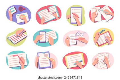 Making notes. Hand holding pencils and writing notes exact vector illustrations set
