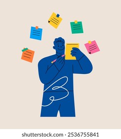 Making notes. Man with a notebook and pencil. Colorful vector illustration