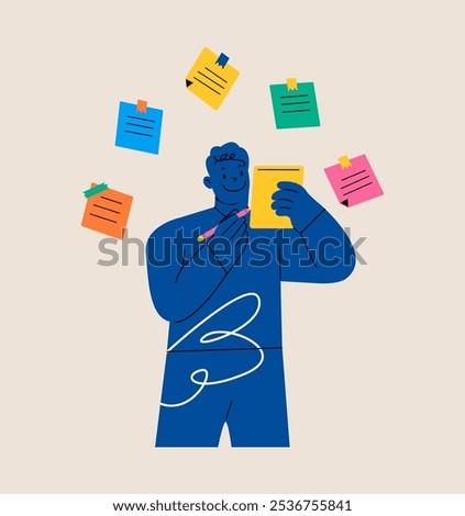 Making notes. Man with a notebook and pencil. Colorful vector illustration