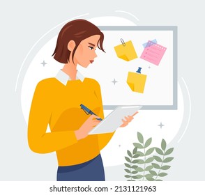 Making notes with pen in notebook concept. Young woman employee writes down reminders and important thoughts on stickers. Time management and memory. Cartoon contemporary flat vector illustration