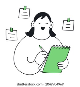 Making notes with a pen in a notebook as a reminder of important things, writing memos. A cute cartoon woman with a notebook and pencil. Thin line isolated vector on white background.