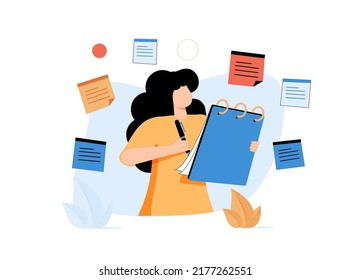 Making notes with a pen in a notebook as a reminder of important things, writing memos. A cute cartoon woman with a notebook and pencil. Thin line isolated vector on white background. Marketing plan