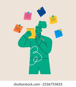 Making notes. Woman with a notebook and pencil. Colorful vector illustration