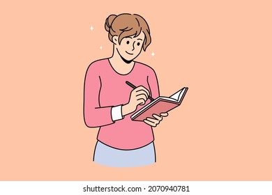 Making notes   writing diary concept  Young smiling woman cartoon character standing making notes in her diary vector illustration 