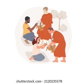 Hacer ilustraciones abstractas del vector de concepto de ofertas. Personas ofreciendo ofrendas durante el día de Vesak, celebración de festivales religiosos budistas, prácticas espirituales y celebraciones metáforas abstractas.