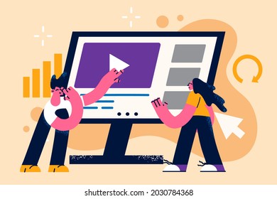 Making online business presentation concept. Two business people colleagues standing looking at play button at presentation video on laptop screen vector illustration 