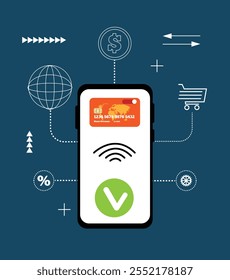Making an Online Payment with Smartphone Flat Style. Digital equipment and making a purchase vector art
